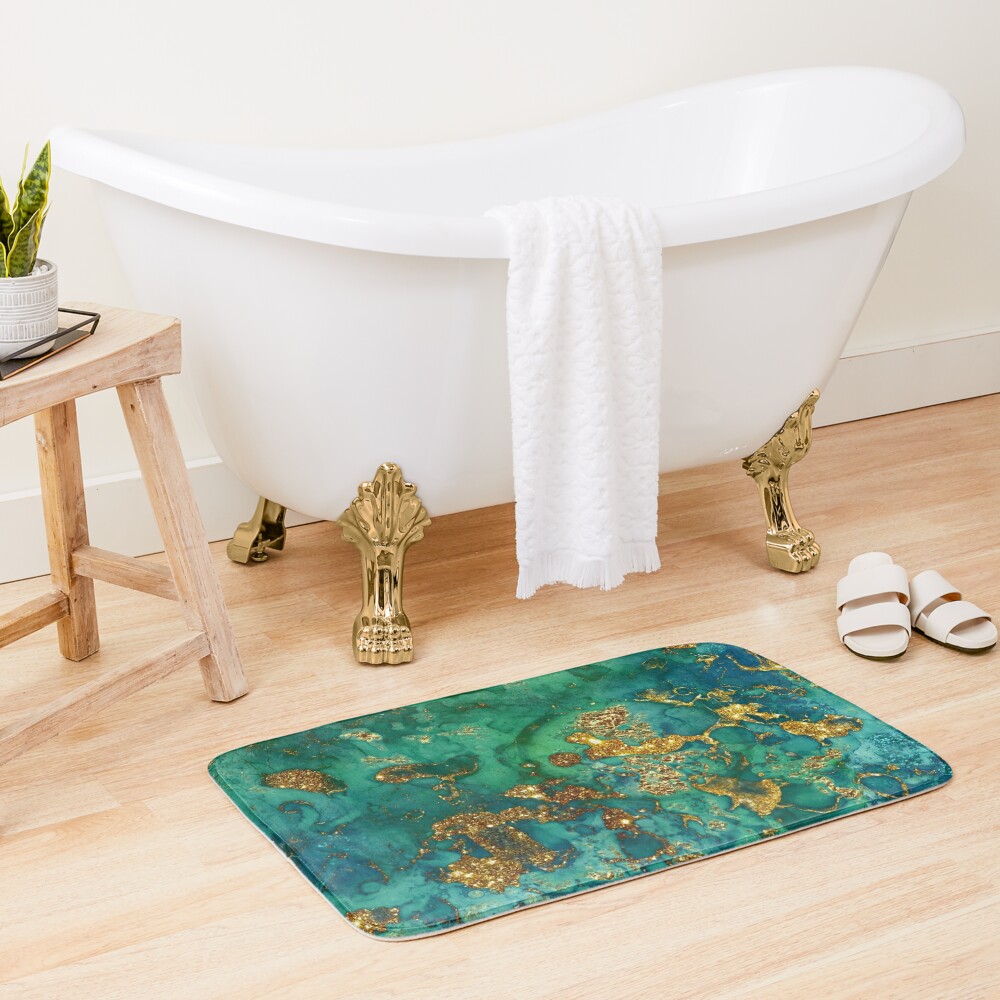 Sparkling Gold Glitter on Green and Blue Faux marble Bath Mat