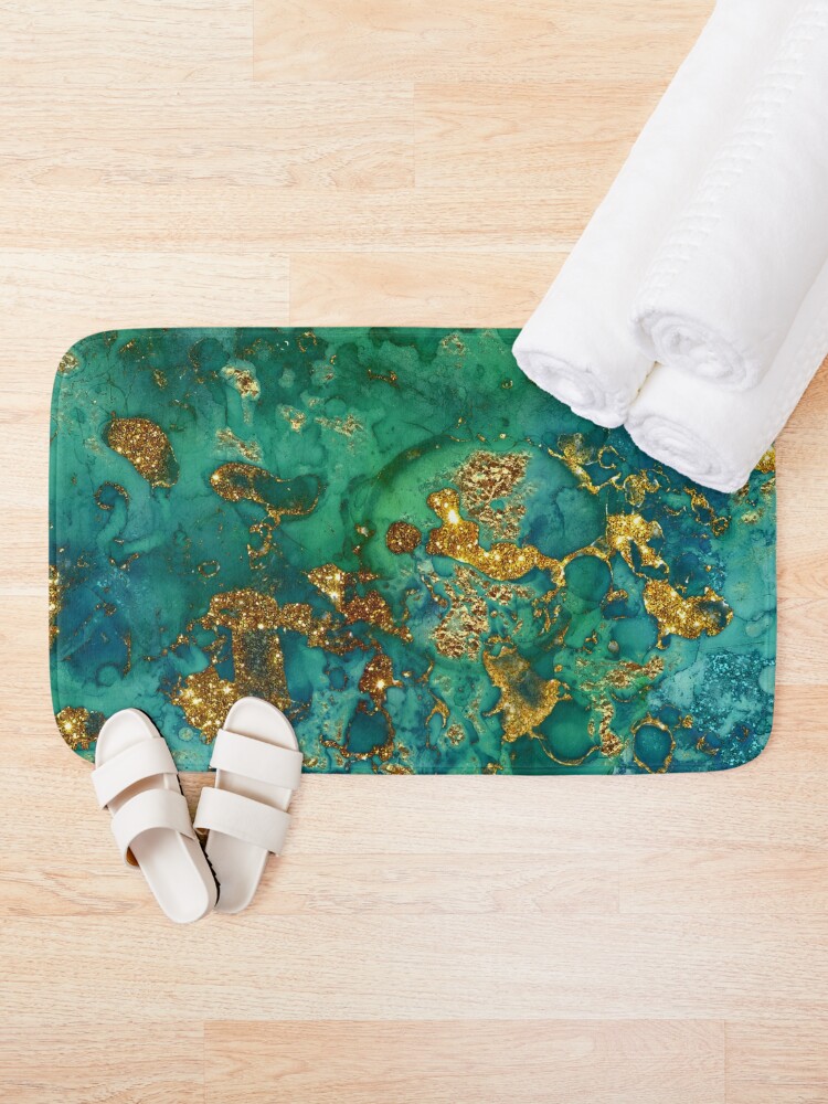 Alternate view of Sparkling Gold Glitter on Green and Blue Faux marble Bath Mat