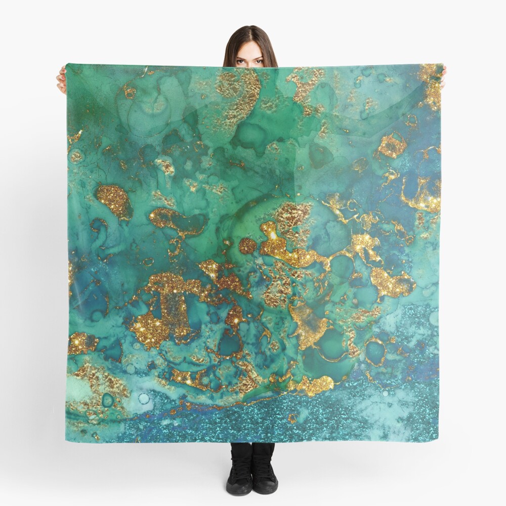 Sparkling Gold Glitter on Green and Blue Faux marble Scarf