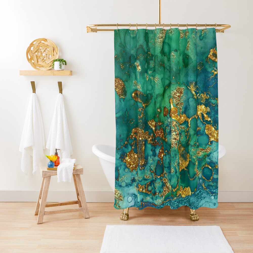 Sparkling Gold Glitter on Green and Blue marble Shower Curtain