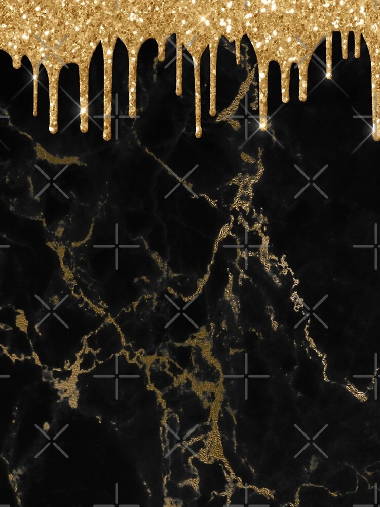 Gold Glitter Rain Drops on Black Marble with Gold veins by MysticMarble