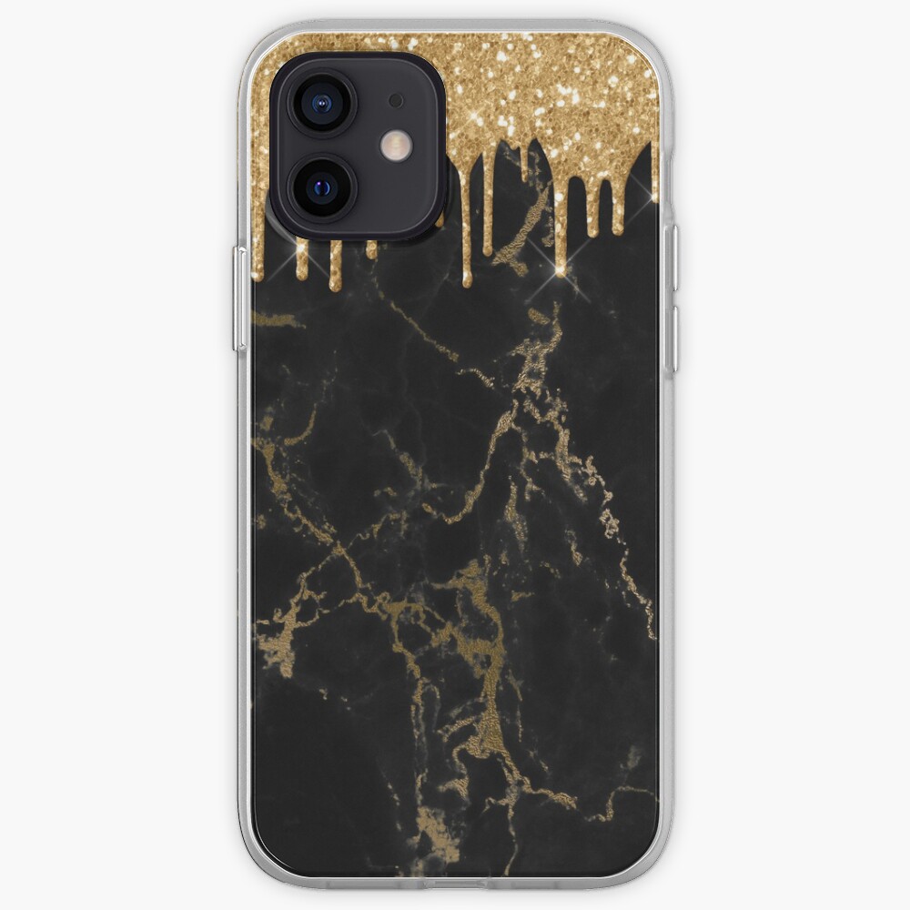 Gold Glitter Rain Drops on Black Marble with Gold veins iPhone Case & Cover
