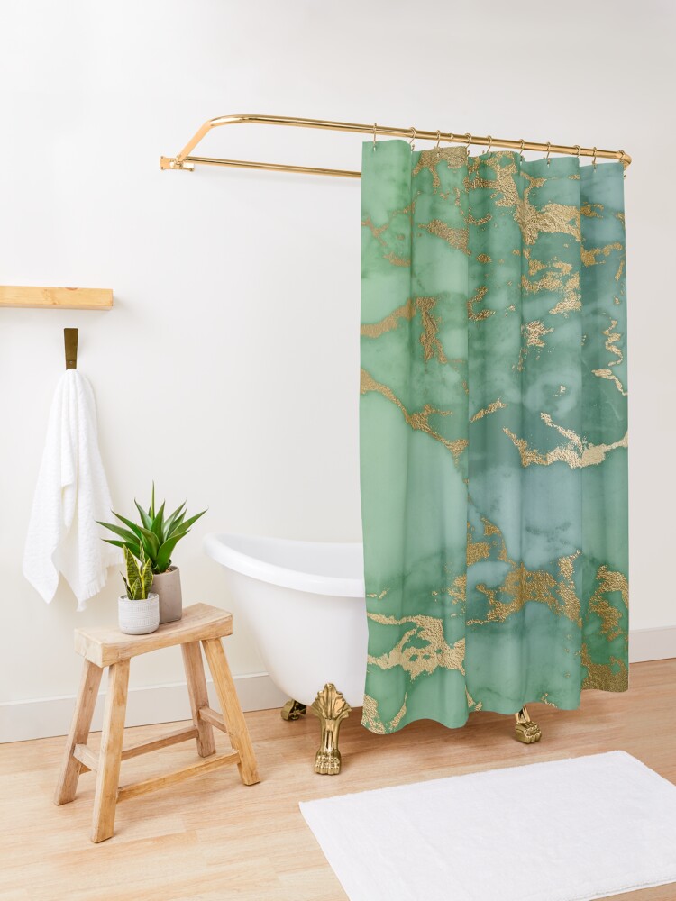 Alternate view of Gold Veined Green Luxury Marble Shower Curtain