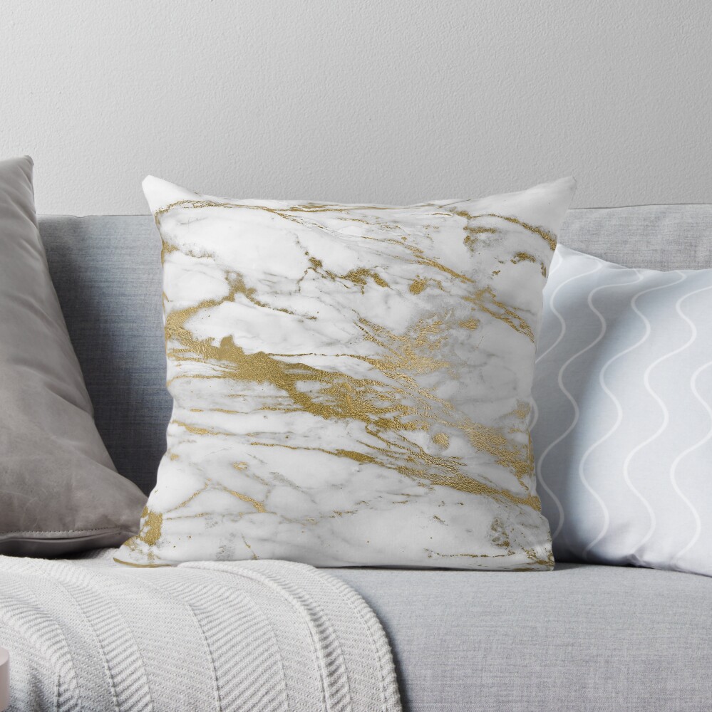 Gold Veins on Gray and White Marble Throw Pillow