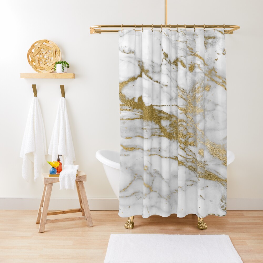 Gold Veins on Gray and White Marble Shower Curtain
