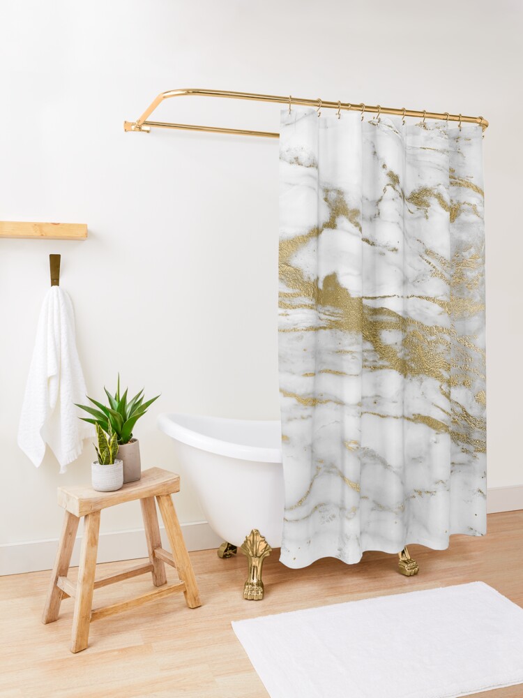 Alternate view of Gold Veins on Gray and White Marble Shower Curtain