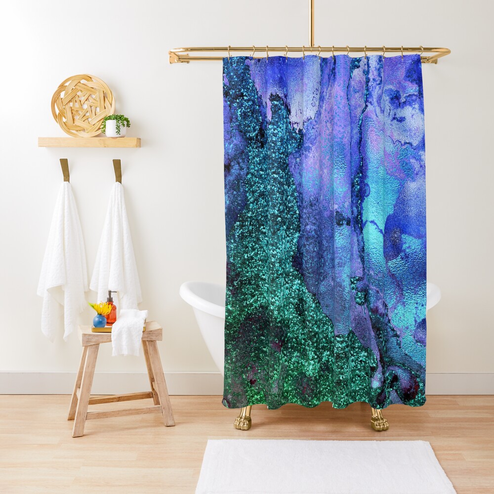 Ocean Mermaid Blue and Green Glitter on Marble Shower Curtain