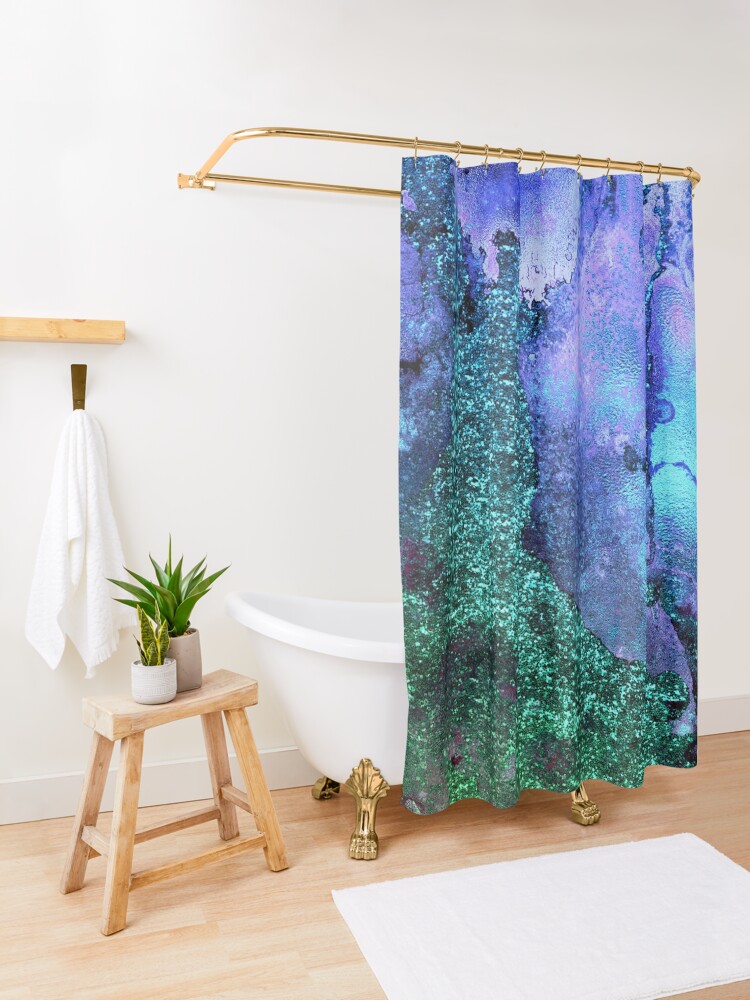 Alternate view of Ocean Mermaid Blue and Green Glitter on Marble Shower Curtain