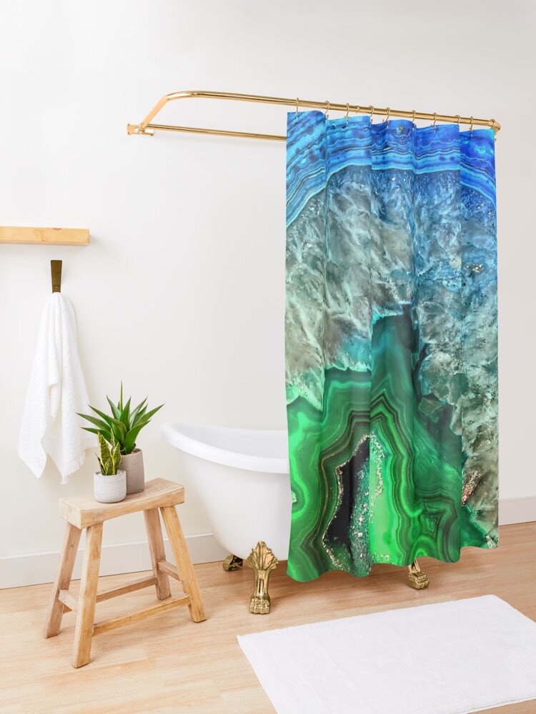 Alternate view of Green and Blue Agate Mineral Gemstone Shower Curtain