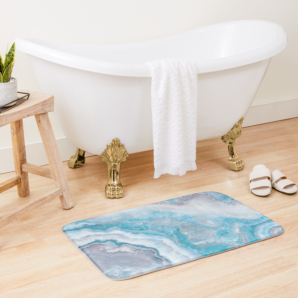 Luxury Mermaid Blue Faux Agate Marble Geode Gem Bath Mat