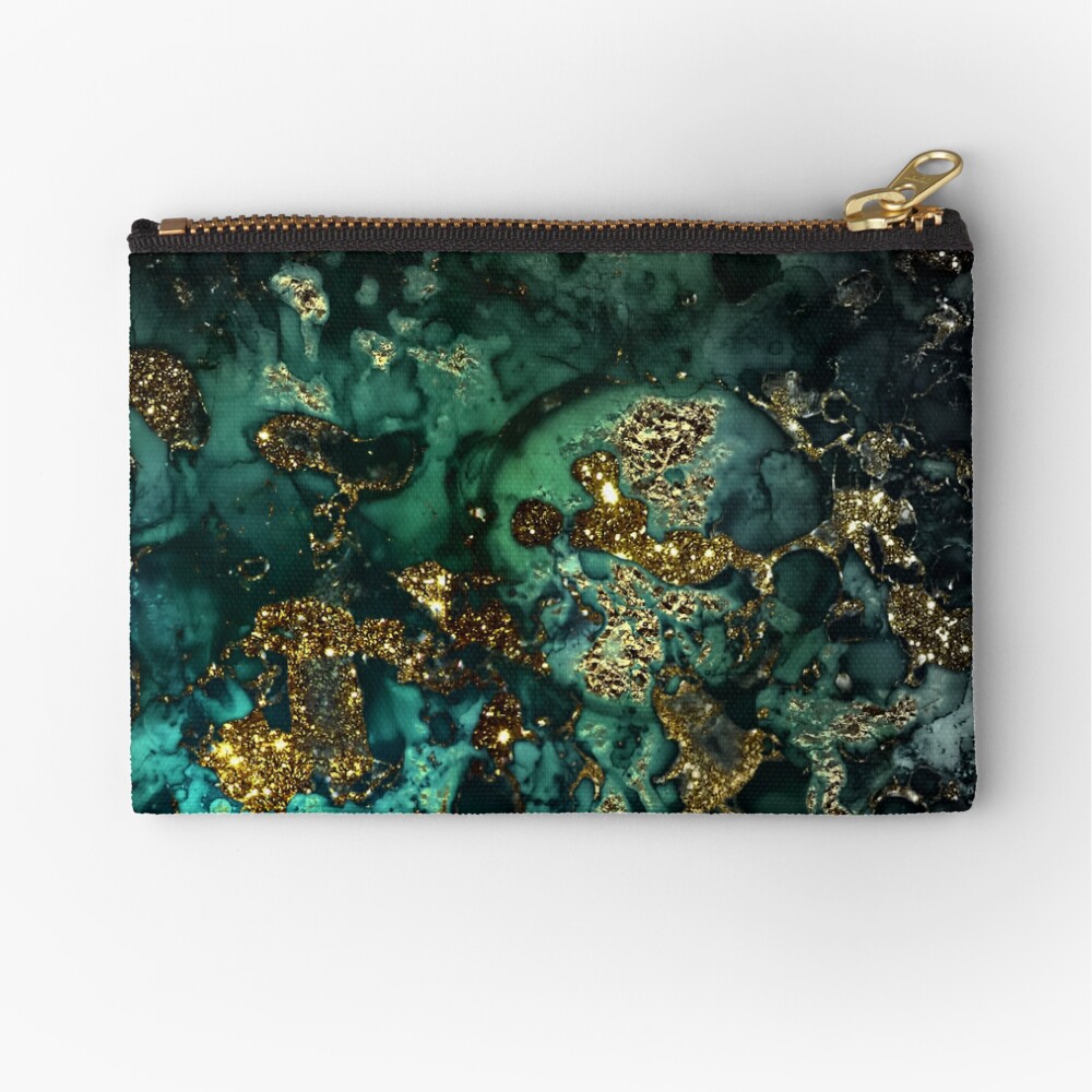 Gold Indigo Malachite Marble Zipper Pouch