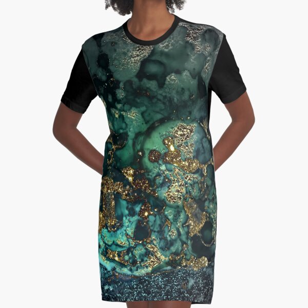 Gold Indigo Malachite Marble Graphic T-Shirt Dress