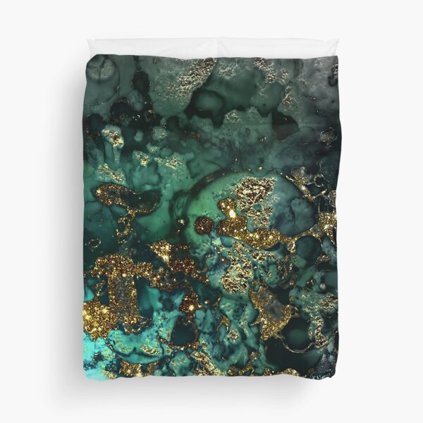 Gold Indigo Faux Malachite Marble Duvet Cover