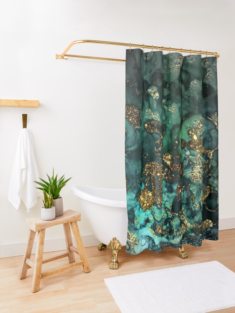 Alternate view of Gold Indigo Malachite Marble Shower Curtain