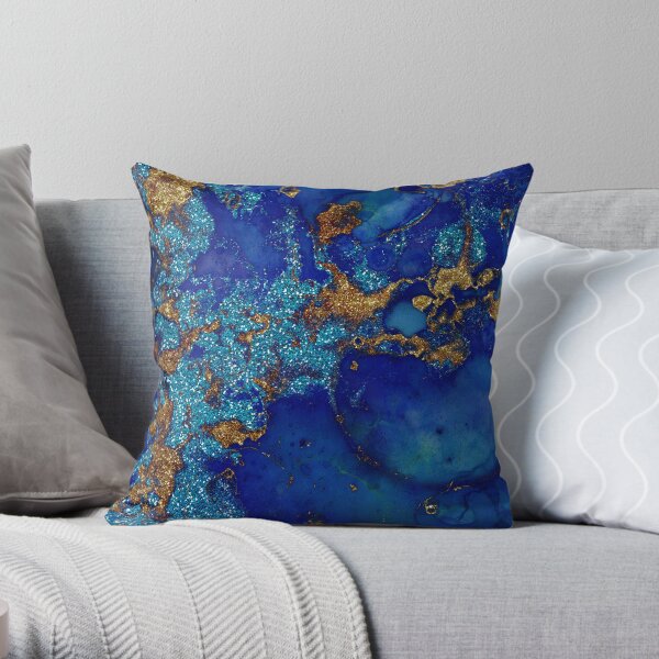 Gold Indigo Blue Malachite Marble Throw Pillow