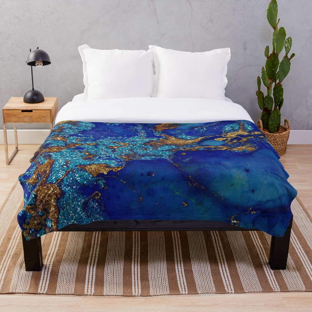 Gold Indigo Blue Malachite Marble Throw Blanket