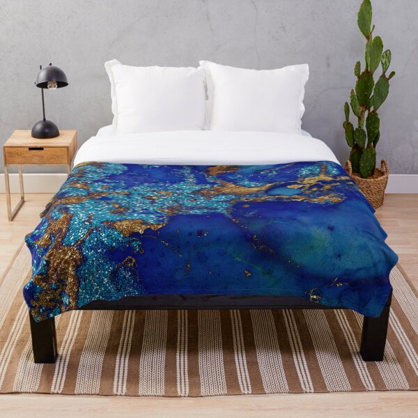 Gold Indigo Blue Malachite Marble Throw Blanket