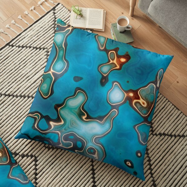 Retro Golden Blue Liquid Wavy Pattern Floor Pillow