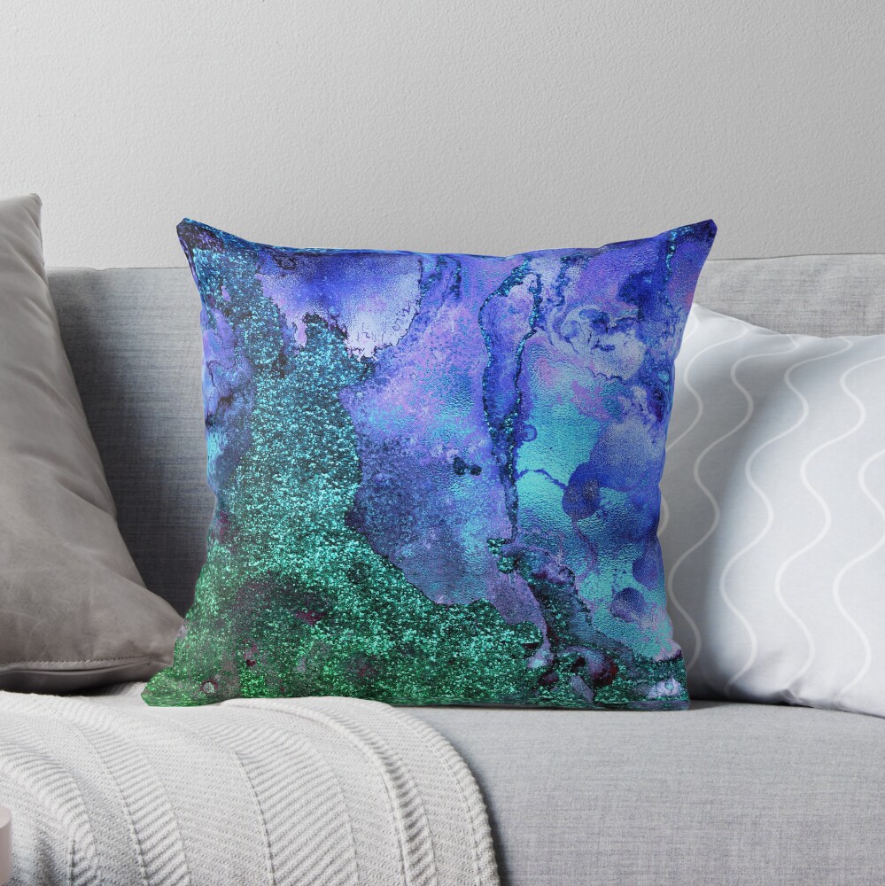 Gold Indigo Blue and Green Malachite Marble Throw Pillow