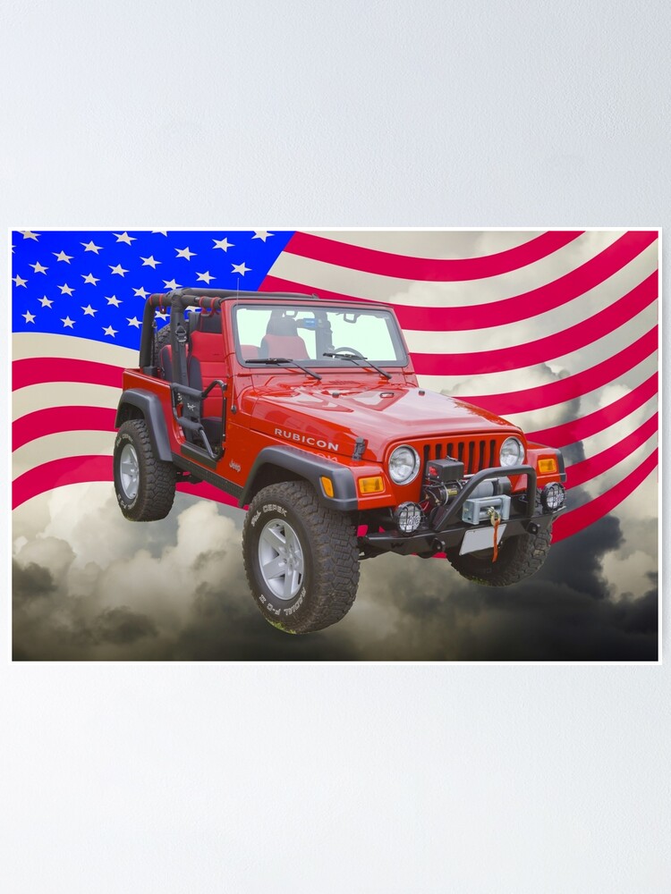 Red Jeep Wrangler Rubicon with American Flag