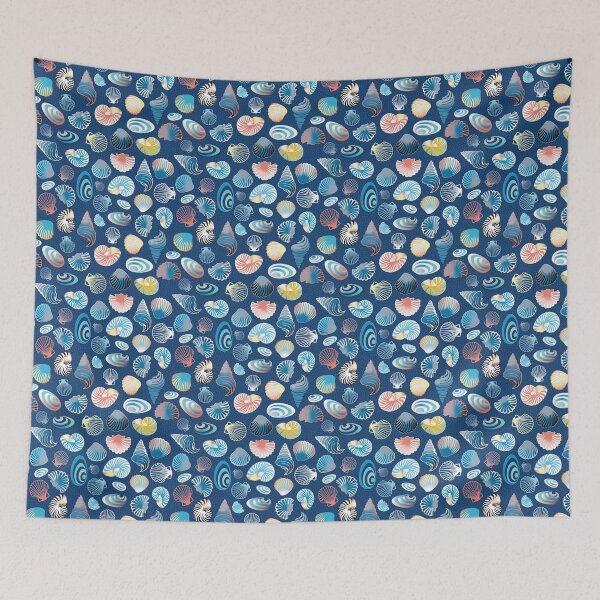Item preview, Colorful seashells on dark blue background - seamless pattern designed and sold by colorofmagic.