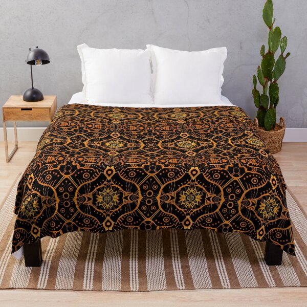 Lotus Flower Mandala Bohemian Arabesque Pattern Orange Black Throw Blanket