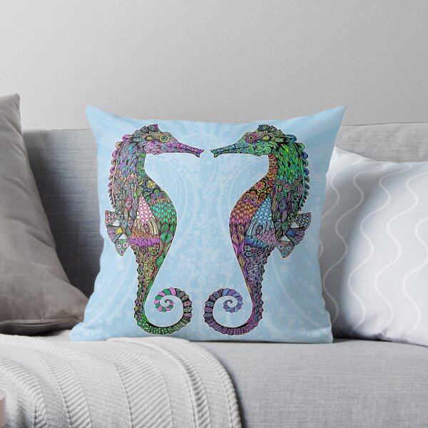 Electric Psychedelic Seahorses Throw Pillow