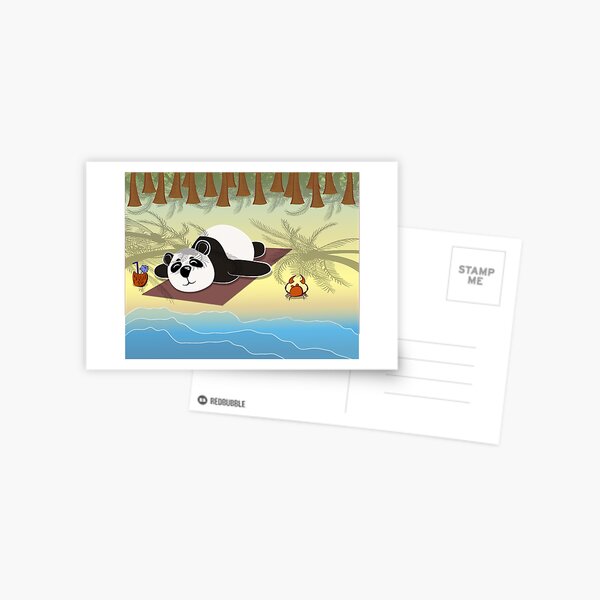 Panda lying on the beach under palm trees Postcard