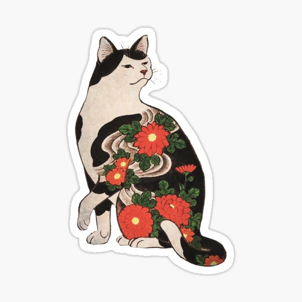 Antique Japanese Woodblock Print Cat with Flower Tattoos Sticker
