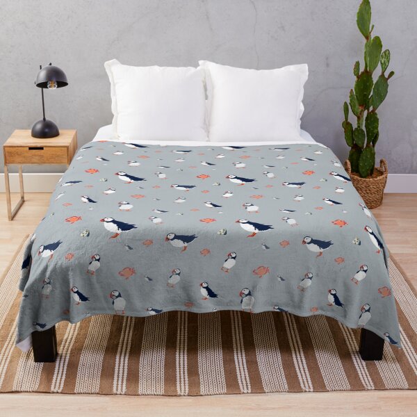 Puffins on grey Throw Blanket