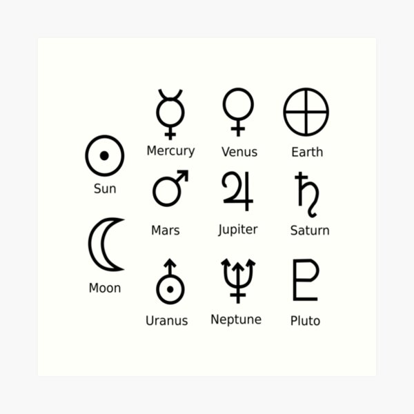 Astronomical Symbols: #Sun, #Mercury, #Venus, #Earth, Mars, Jupiter, Saturn, Uranus, Neptune, Pluto Art Print