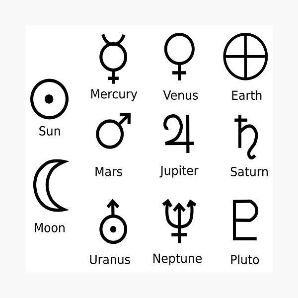 Astronomical Symbols: #Sun, #Mercury, #Venus, #Earth, Mars, Jupiter, Saturn, Uranus, Neptune, Pluto Photographic Print