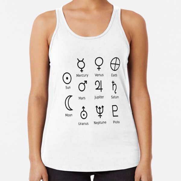 Astronomical Symbols: #Sun, #Mercury, #Venus, #Earth, Mars, Jupiter, Saturn, Uranus, Neptune, Pluto Racerback Tank Top