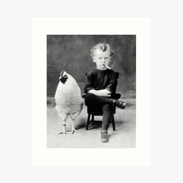 Boy With Chicken Rooster Smoking Cigarette Art Print