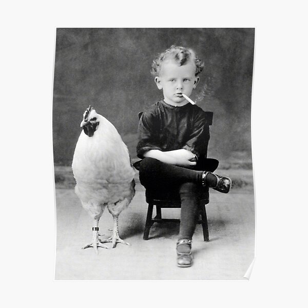 Boy With Chicken Rooster Smoking Cigarette Poster