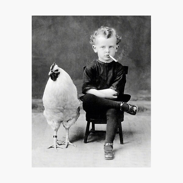Boy With Chicken Rooster Smoking Cigarette Photographic Print