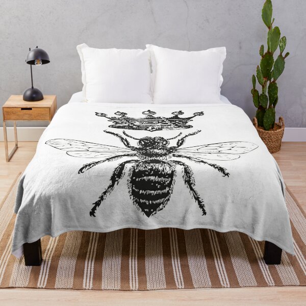 Queen Bee | Vintage Honey Bees | Black and White |  Throw Blanket