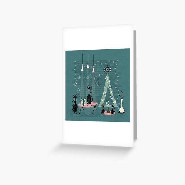 Item preview, Mid Century Cat Family Holiday on Blue designed and sold by studioxtine.