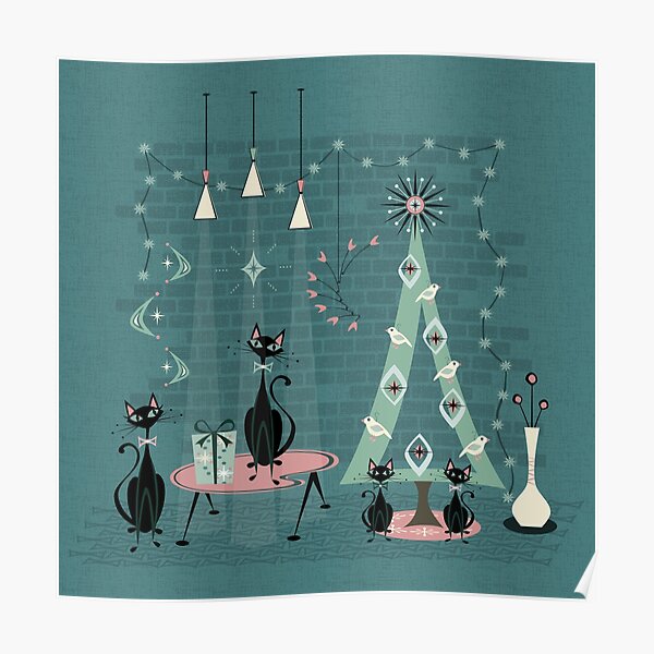 Mid Century Cat Family Holiday on Blue Poster