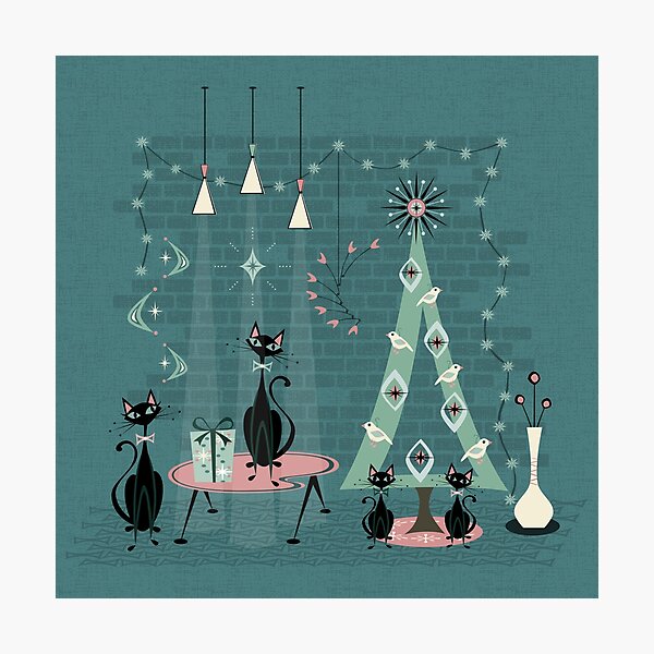 Item preview, Mid Century Cat Family Holiday on Blue designed and sold by studioxtine.