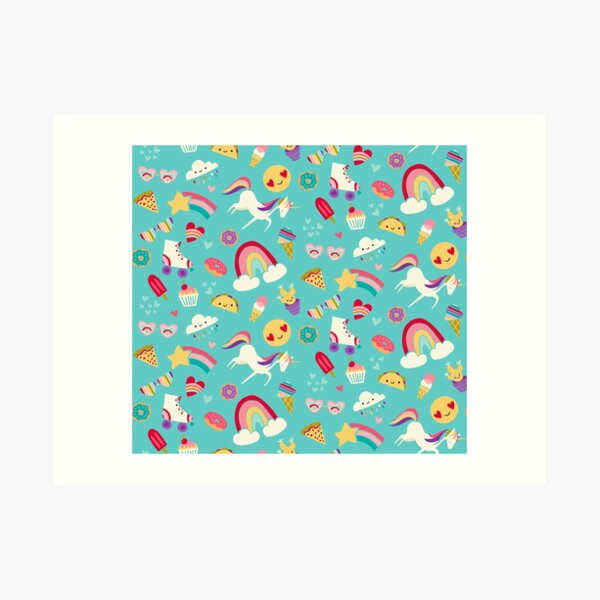 Tween Girl Icons Rainbows Emojis Unicorns Roller Skates Art Print