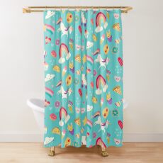 Tween Girl Icons Rainbows Emojis Unicorns Roller Skates Shower Curtain