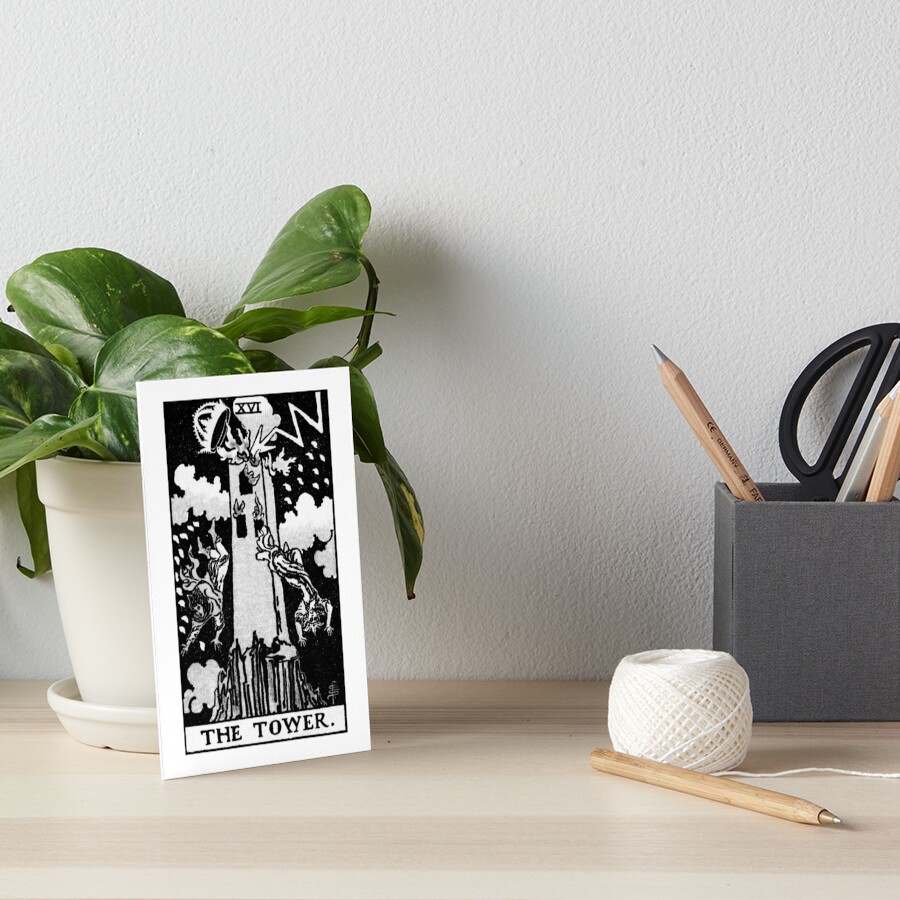 XVI. The Tower Tarot Card | Black and white