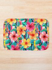 Hibiscus hawaïen minimaliste d'OTT Floral avec des rayures Tapis de bain