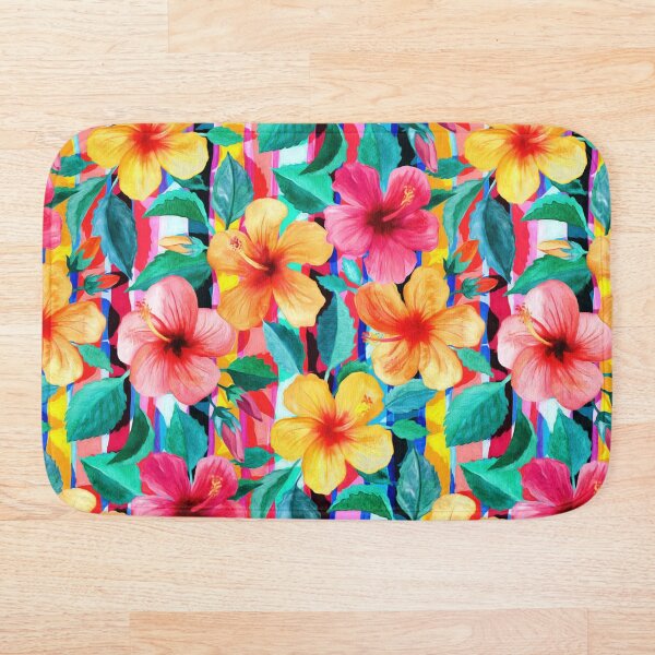 OTT Maximalist Hawaiian Hibiscus Floral with Stripes Bath Mat