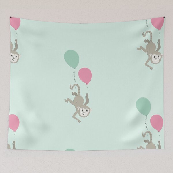 Item preview, little monkey flying away with balloons - baby illustration designed and sold by studioMoSa.