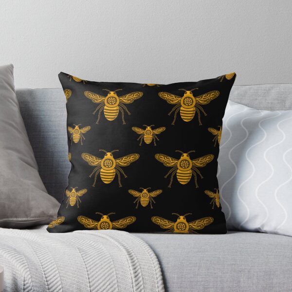 Bees Pattern Yellow Gold On Black Insect Art Throw Pillow
