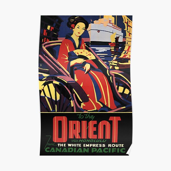 To the ORIENT via Honolulu White Empress Steam Ship Vintage Travel Poster