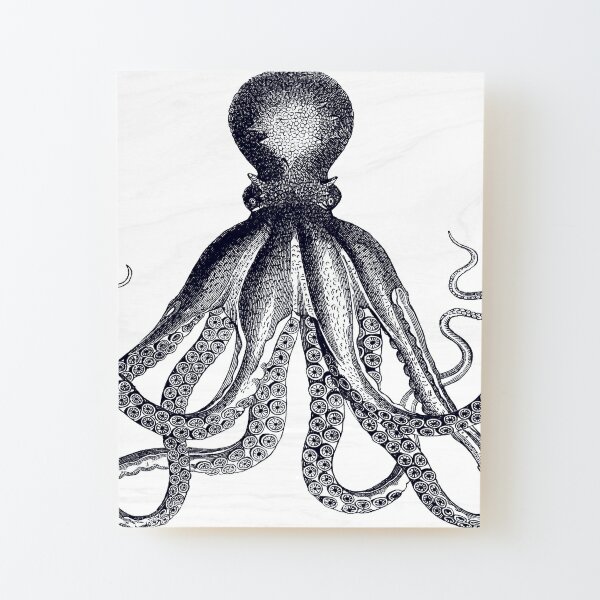 Octopus | Vintage Octopus | Tentacles | Sea Creatures | Nautical | Ocean | Sea | Beach | Black and White |  Wood Mounted Print