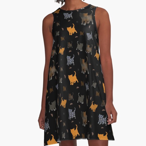 Cats on black A-Line Dress